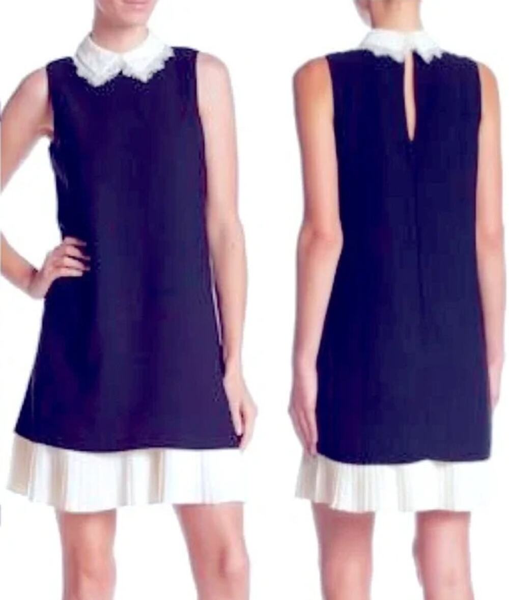 NWT NANETTE LEPORE Navy Cream Sleeveless Lace Collar Babydoll Shift Twee Dress 8